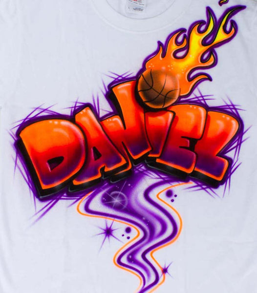 Airbrushed Flaming Basketball with Graffiti Style Personalized Shirt