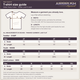 Airbrush Apparel T-shirt size guide with youth and adult garment measurements and a diagram showing how to measure a shirt laid flat.