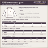 Airbrush Apparel pullover hoodie size guide with youth and adult garment measurements and a diagram showing flat width and length.