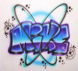 Mike hand-painted in blue, turquoise and purple graffiti letters with orbit-like loops, spiral stars and highlights on white fabric.