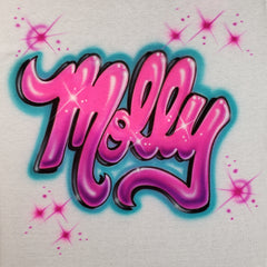 Molly hand-painted in flowing pink and purple bubble-script lettering with black shadows, a teal glow and pink star accents on light fabric.