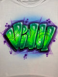 Original hand-airbrushed Vinny name in shaded green graffiti letters with black shadows, white highlights, purple angular accents and a blue glow on white fabric.