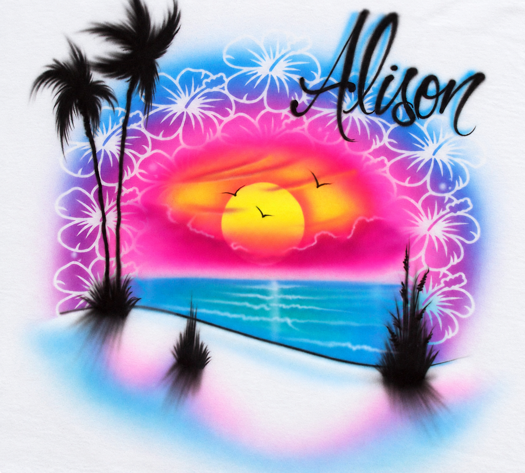 Hibiscus Beach Sunset Name Shirt — Hand Airbrushed