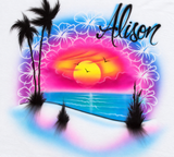 Alison in black script above a tropical sunset, turquoise water, palm silhouettes and outlined hibiscus flowers on white fabric; digitally brightened photograph.