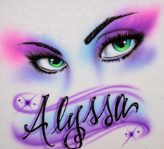 Expressive green eyes, purple eye shadow and your name in flowing black lettering.