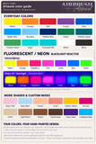 Airbrush Apparel artwork color guide: everyday colors, fluorescent neon colors under normal and illustrated blacklight lighting, and additional shades and custom mixes.