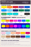 Airbrush Apparel artwork color guide: everyday colors, fluorescent neon colors under normal and illustrated blacklight lighting, and additional shades and custom mixes.