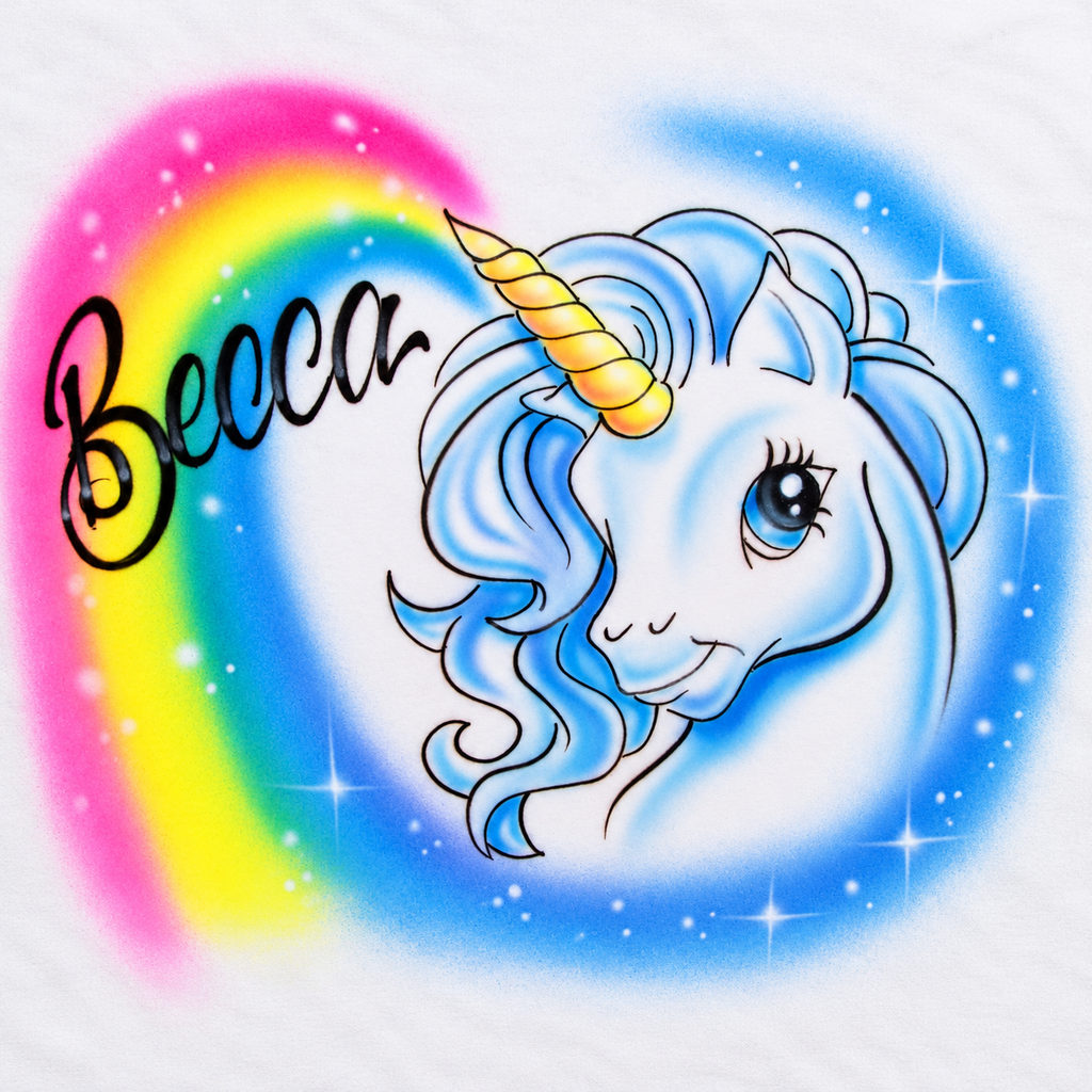 Rainbow Unicorn Name Shirt — Hand Airbrushed