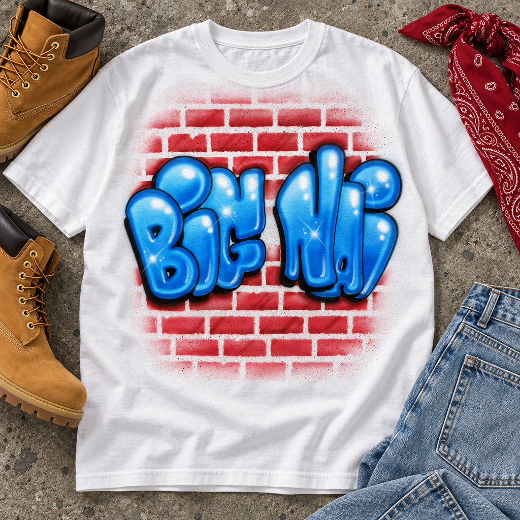 Rounded Graffiti Name Shirt with a Hand-Painted Brick Wall
