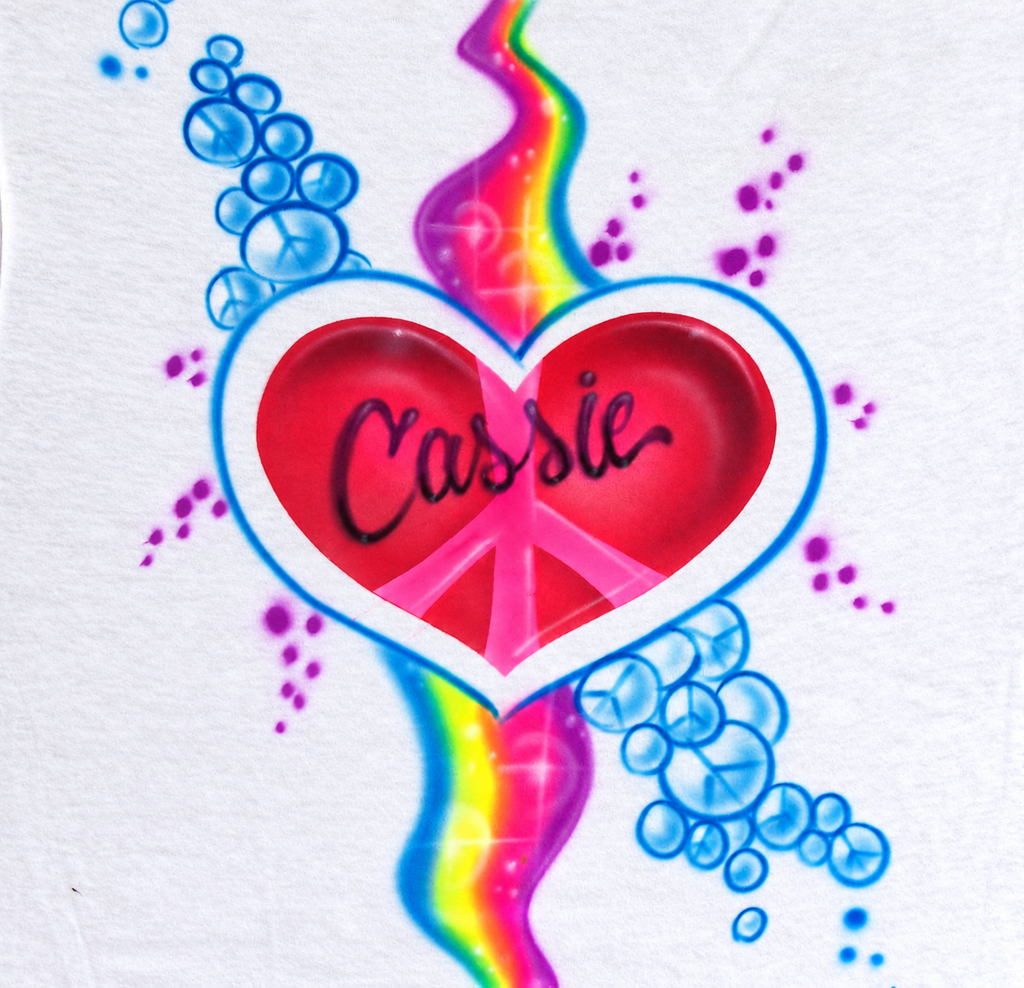 Peace Heart & Rainbow Name Shirt — Hand Airbrushed