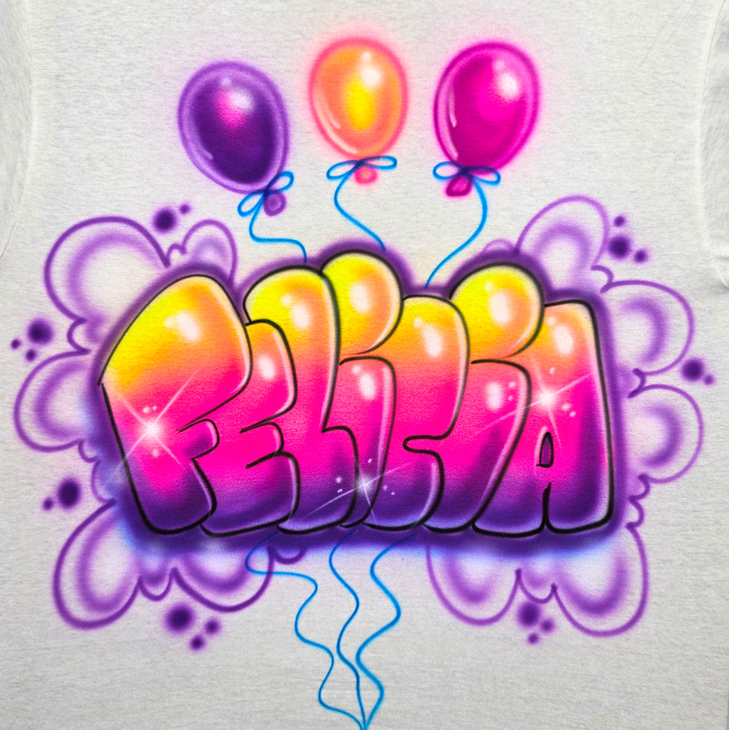 Birthday Balloons & Bubble Name Shirt — Hand-Airbrushed