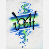 Original Josh airbrush artwork on a white T-shirt, with black freestyle lettering, blue and lime green shading, flowing swirls, dots and white star highlights.