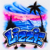 Hand-painted Lizzie name in blue graffiti lettering beneath ocean waves, a pink sunset and a palm tree on a white shirt.