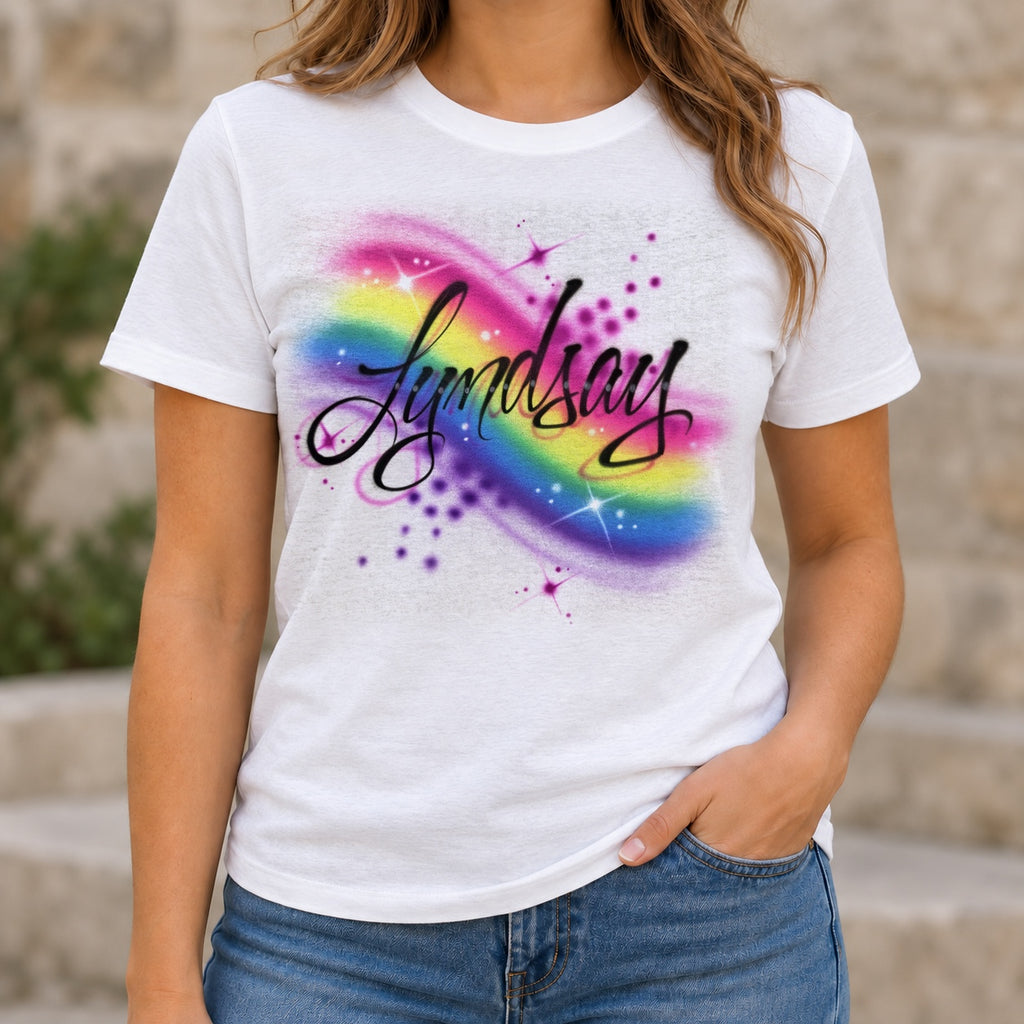 Rainbow Background & Fancy Script Hand-Painted Name Shirt