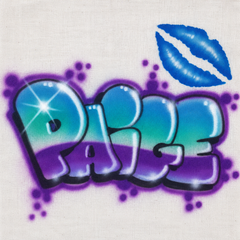 Paige hand-painted in turquoise-and-purple bubble graffiti letters with dark shadows, white highlights, purple dots and a blue kiss accent.