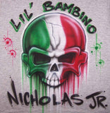Italian Flag Skull Name Shirt — Your Flag & Colors — hand-airbrushed sample artwork.
