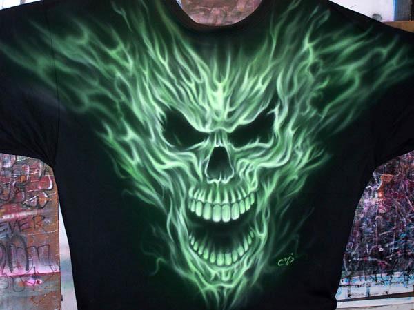 Neon Flaming Skull on Black Shirt — Hand Airbrushed