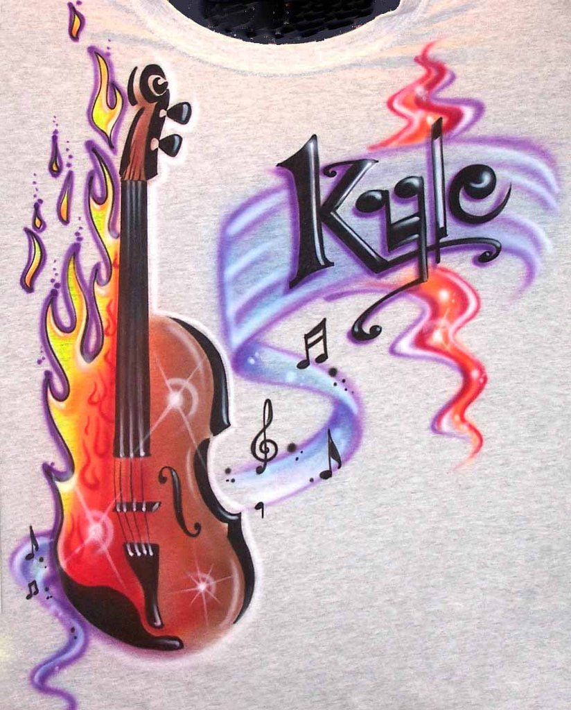 Flaming Violin & Music Notes Name Shirt — Airbrushed