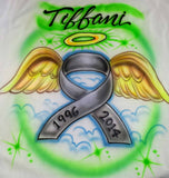 Awareness Ribbon & Angel Wings Memorial Shirt — hand-airbrushed sample artwork.