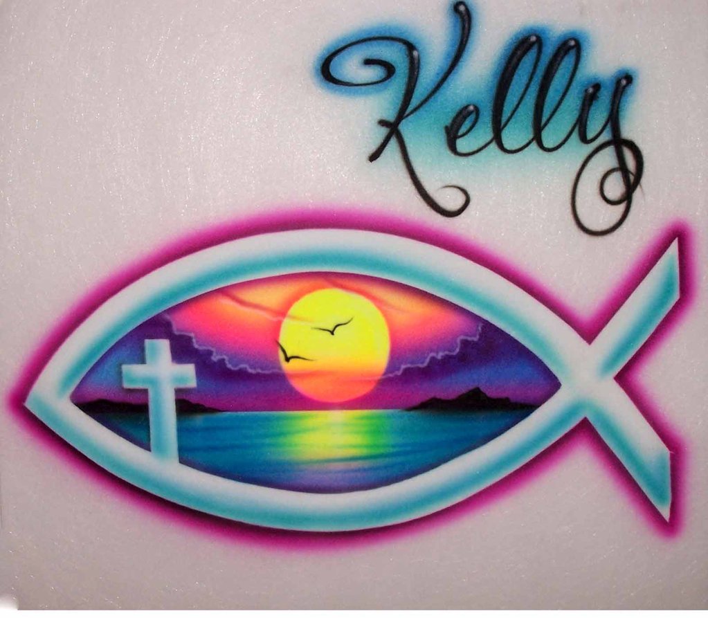 Ichthus Fish & Sunset Name Shirt — Hand Airbrushed