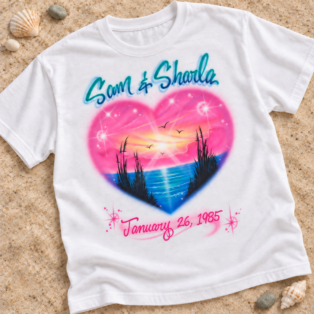 Personalized Airbrush Heart Beach Shirt – Two Names & Date