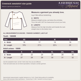 Airbrush Apparel crewneck sweatshirt size guide with youth and adult measurements in inches and a diagram for measuring garment width and length laid flat.