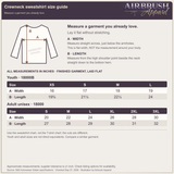 Airbrush Apparel crewneck sweatshirt size guide with youth and adult measurements in inches and a diagram for measuring garment width and length laid flat.