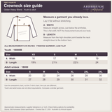 Airbrush Apparel crewneck sweatshirt size guide with youth and adult measurements in inches and a diagram for measuring garment width and length laid flat.