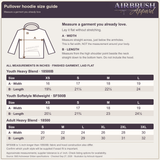 Airbrush Apparel pullover hoodie size guide with youth Heavy Blend, youth Softstyle and adult Heavy Blend measurements in inches; diagram shows flat width and length excluding the hood.