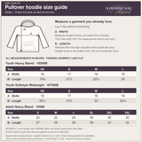 Airbrush Apparel pullover hoodie size guide with youth Heavy Blend, youth Softstyle and adult Heavy Blend measurements in inches; diagram shows flat width and length excluding the hood.