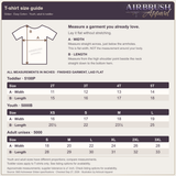 Airbrush Apparel T-shirt size guide with toddler 2T–5T, youth XS–L and adult S–3XL measurements in inches and a flat-garment measuring diagram.