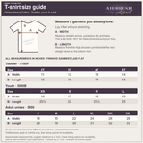 Airbrush Apparel T-shirt size guide with toddler 2T–5T, youth XS–L and adult S–3XL measurements in inches and a flat-garment measuring diagram.