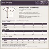 Airbrush Apparel T-shirt size guide: toddler 2T–5T, youth XS–L and adult S–4XL. Measurements in inches, garment laid flat; adult 4XL width 30 inches and length 34 inches. Order only sizes and colors offered in the listing.
