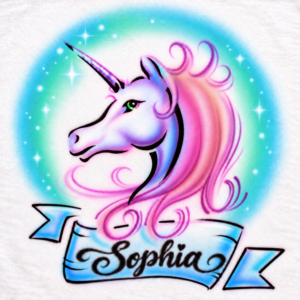 Unicorn & Ribbon Name Shirt — Hand Airbrushed