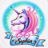 Sophia unicorn design with softly painted lettering, a rounded turquoise halo and white stars around the horn.