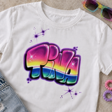 White T-shirt mockup with original hand-painted Tina rainbow bubble letters, purple stars and dots, beside denim, rainbow sunglasses and hair ties. Accessories not included.