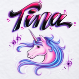 Tina unicorn artwork on a white shirt background, retaining soft airbrush outlines, blue-purple mane and irregular starbursts.