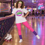 Digital model mockup of the Victoria fancy-script airbrush shirt with neon colors and starbursts in a roller-rink setting.