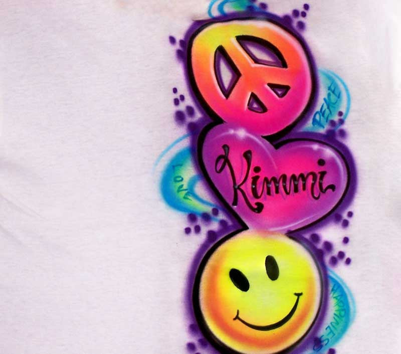Colorful Peace, Love, & Happy Face Stacked with Any Name Airbrushed in the Heart