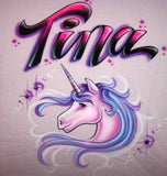 airbrushed T-shirts  fancy style lettering,  unicorn image 