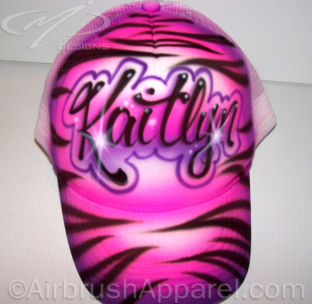 Airbrushed Zebra Print Personalized Snap Back White Trucker Hat