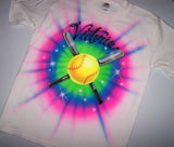 Airbrushed Softball and Bats Tie Dye Color T-Shirt