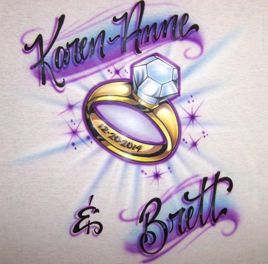 Airbrush Couples Name with Engagement Ring Custom Design For Tees & Sweatshirts