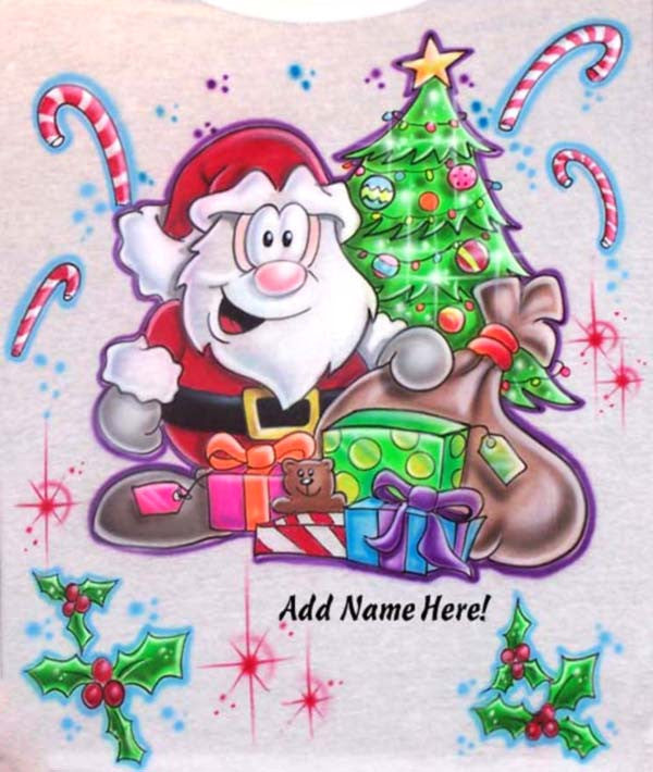 Personalized Airbrushed Cartoon Santa with Xmas Tree Candy Canes T-Shirt Or Sweatshirt