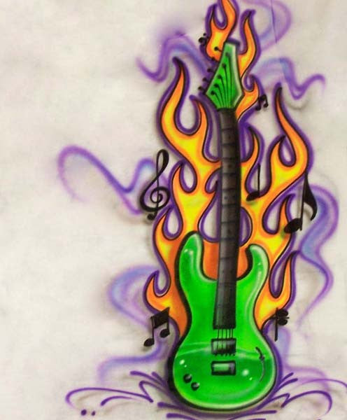 Flaming Guitar and Music Notes Airbrushed Shirt