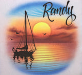 Airbrushed sailboat and sunset personalized shirt