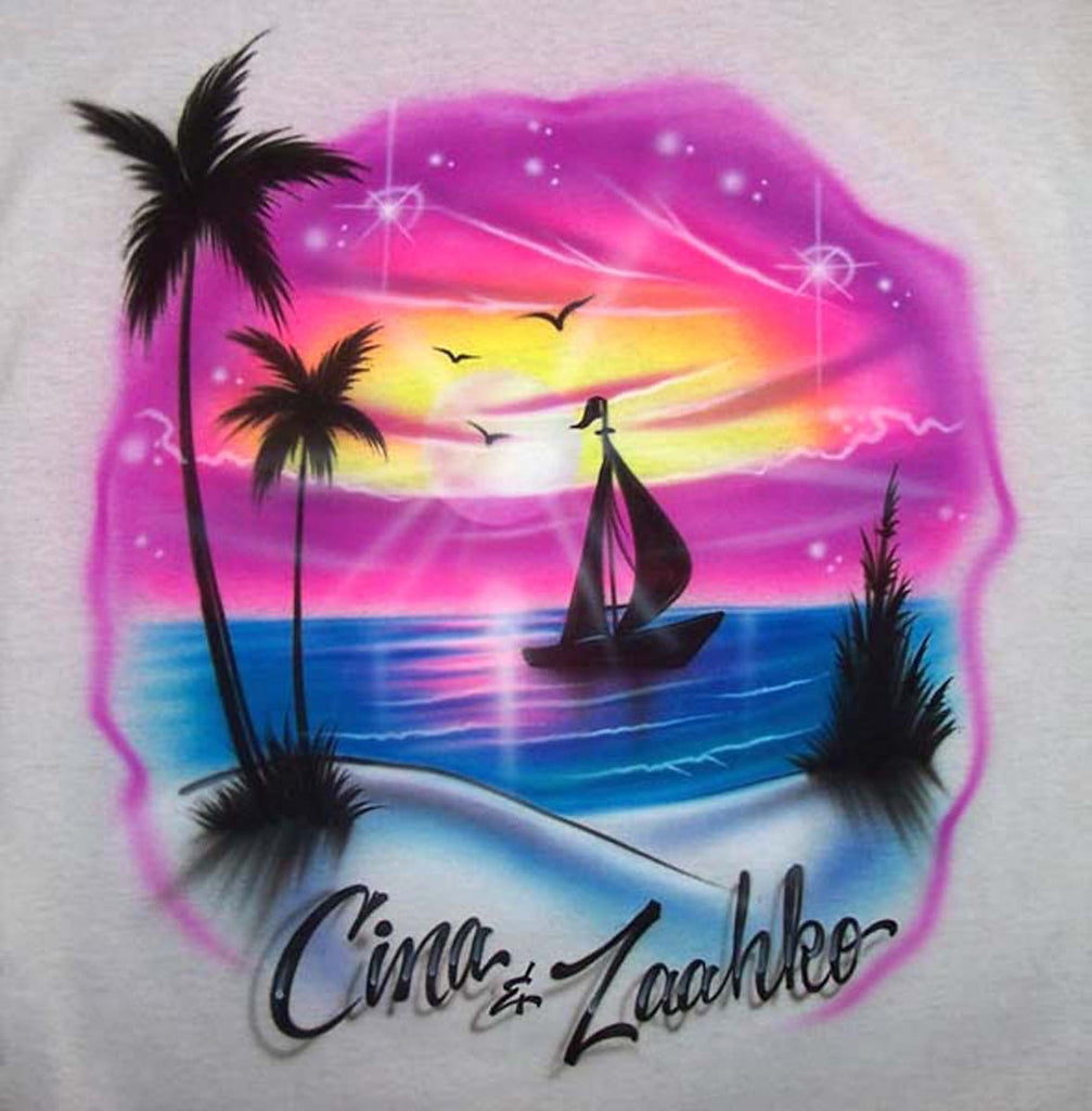 Beach Scene with Sailboat & Couple's Names Airbrushed on T's, Sweatshirts & More