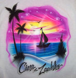 Airbrushed sunset palm tree & sailboat t-shirt