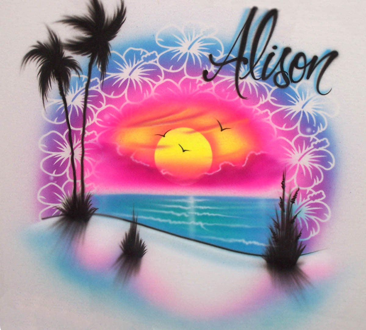 Sunset beach & flower airbrush design
