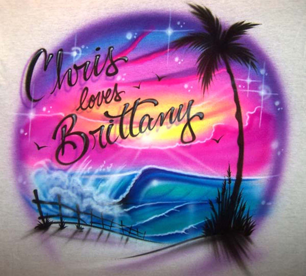 Airbrushed Bright Beach Scene & Wave 1 or 2 Names Couples T-Shirt or Sweatshirt